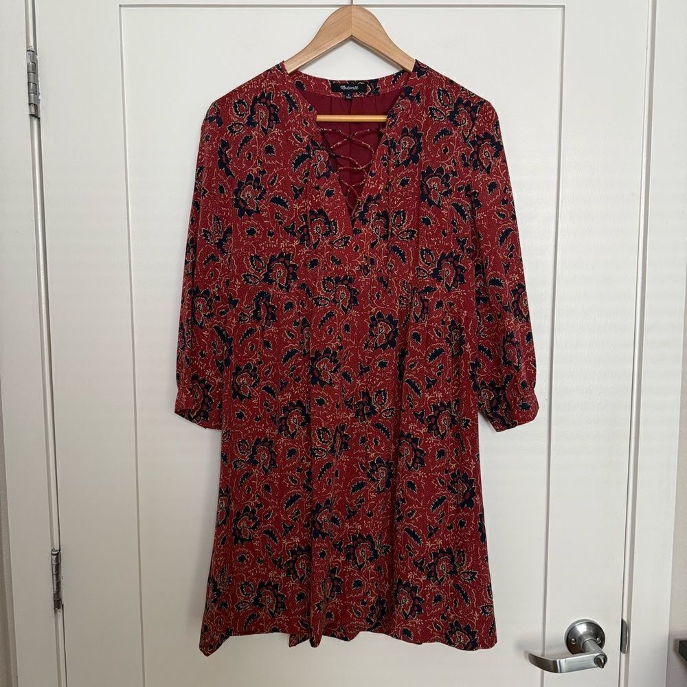Madewell Babydoll Dress Sz S Red Paisley Floral Silk Long Sleeve Lace Up Boho